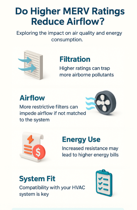 Does Higher MERV Rating Restrict Airflow? What It Really Means for Indoor Air Quality and Energy Bills 2 Vertical infographic explaining how higher MERV ratings affect airflow, energy use, and indoor air quality, featuring 3D icons for filtration, fan performance, energy costs, and HVAC system compatibility.